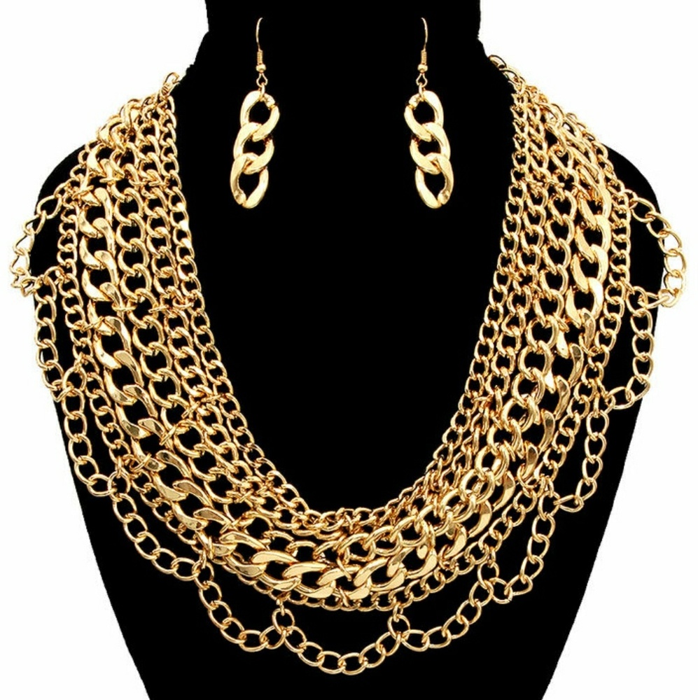Gold Multi Chain Necklace and Earrings